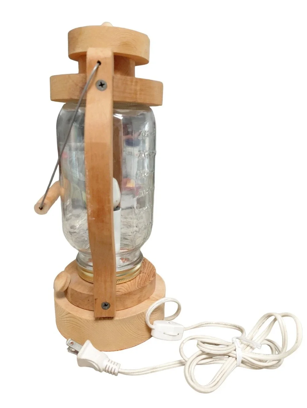 Handmade wooden electric lantern glass jar chimney Small white bulb Metal Handle